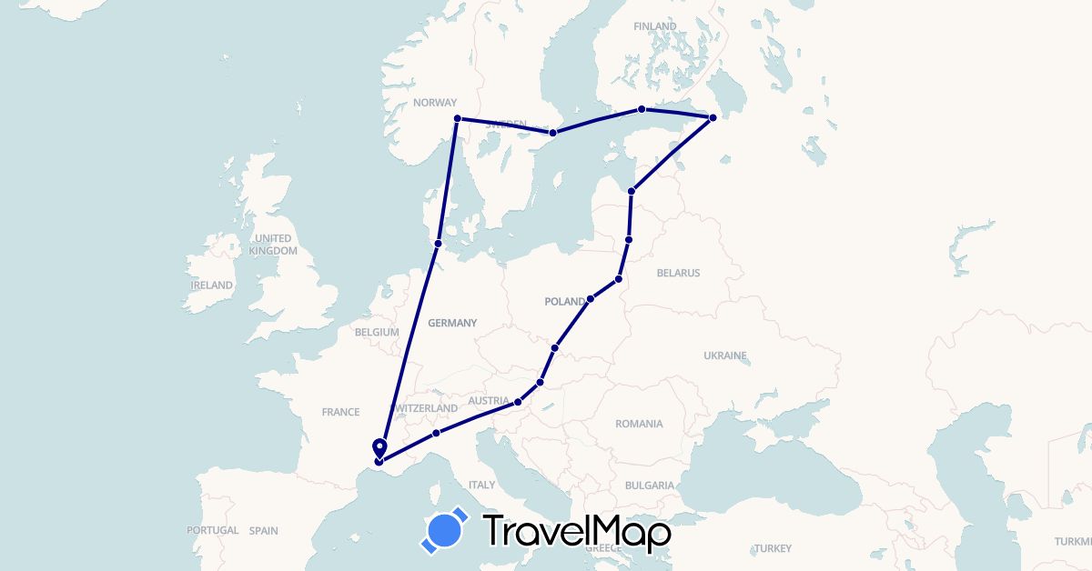 TravelMap itinerary: driving in Austria, Czech Republic, Germany, Finland, France, Italy, Lithuania, Latvia, Norway, Poland, Russia, Sweden, Slovakia (Europe)